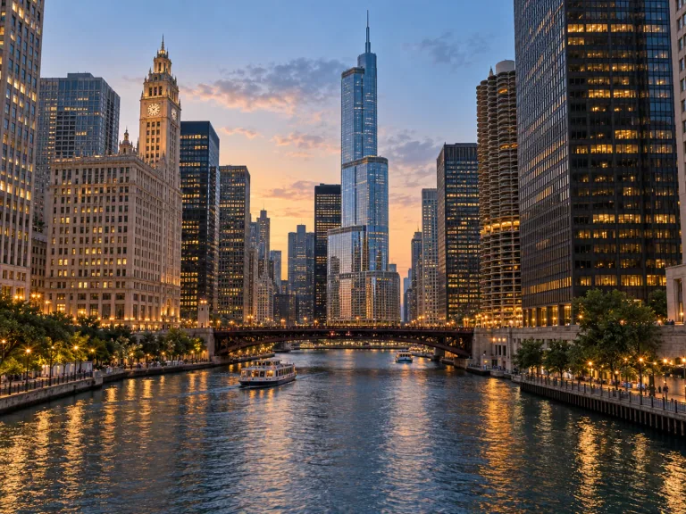 Chicago River surrounded by illuminated downtown architecture