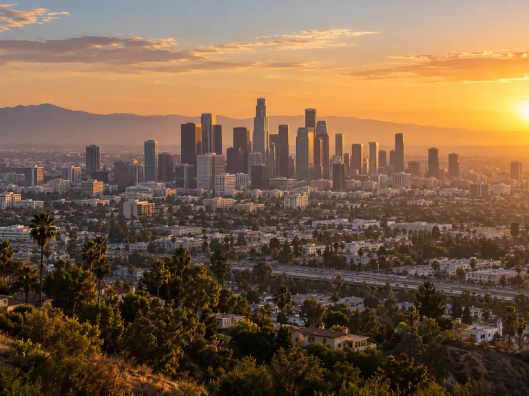 Downtown Los Angeles skyline in golden evening light