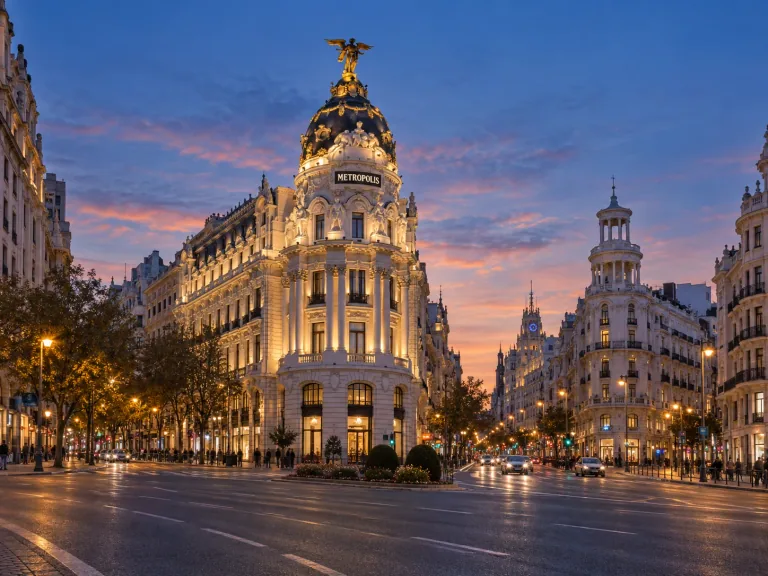Metropolis building on Madrid's Gran Via at dusk