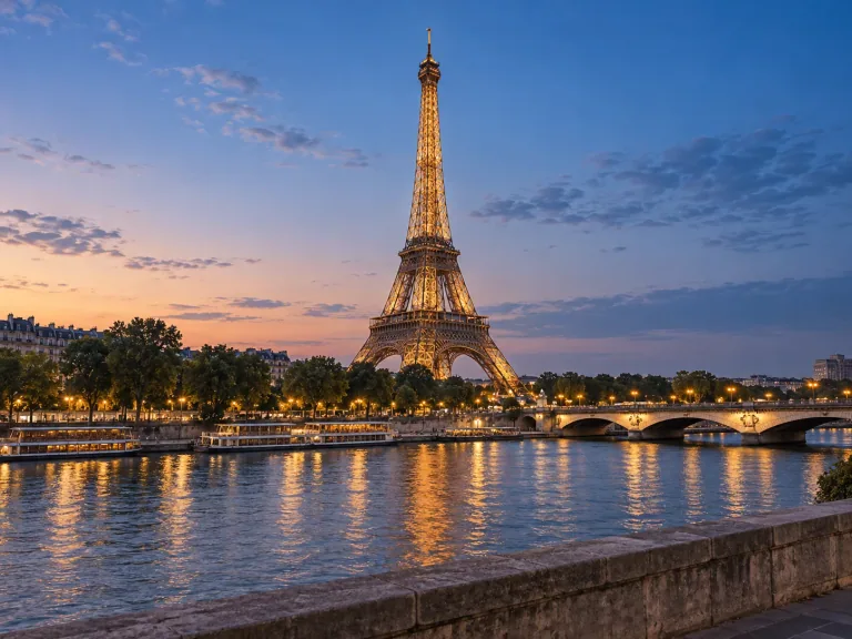 Eiffel Tower beside the Seine in Paris at dusk