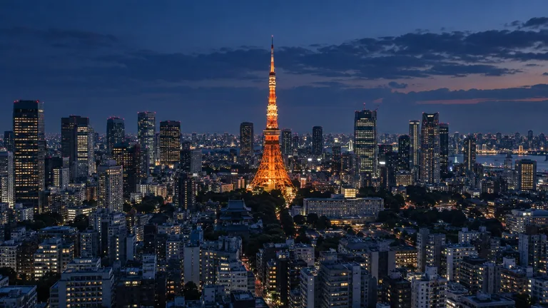 Tokyo Tower glowing above the city at blue hour