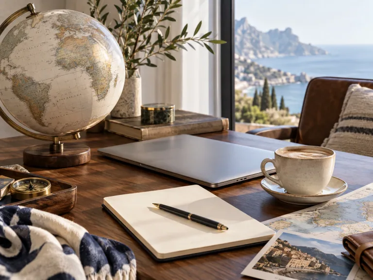 Travel planning still life with a laptop, notebook, globe and coffee