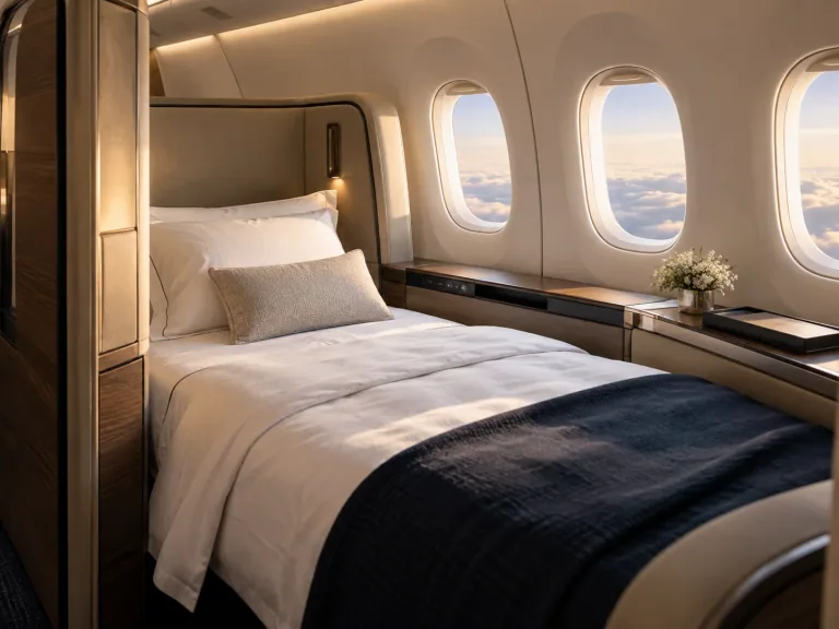 Illustrative first-class suite with a made bed beside aircraft windows