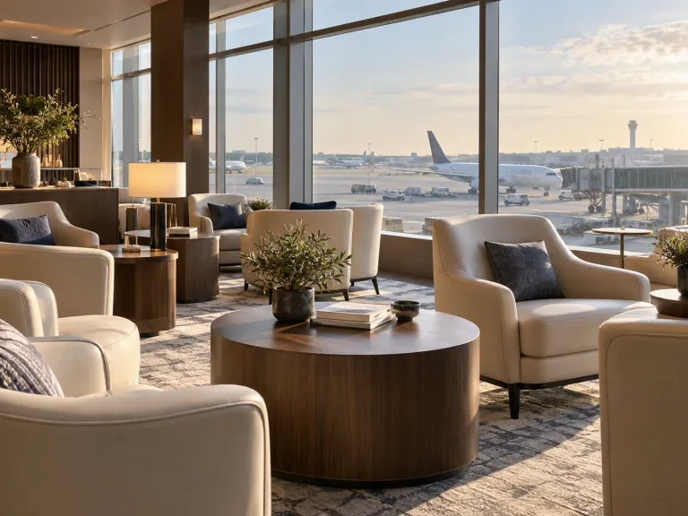 Illustrative airport lounge with cream seating overlooking the apron
