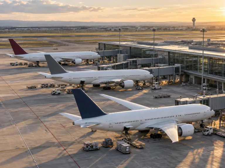 Three unbranded widebody aircraft parked at a modern airport terminal