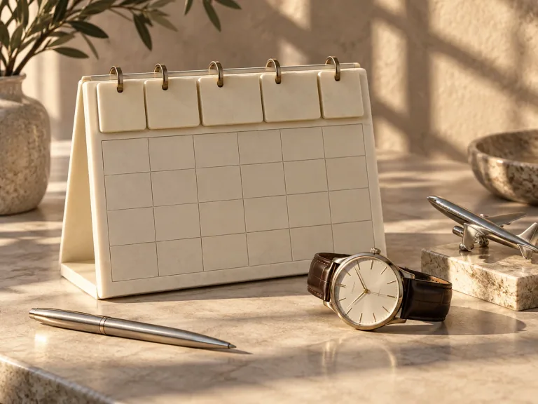 Minimal calendar and wristwatch on a sunlit travel-planning desk