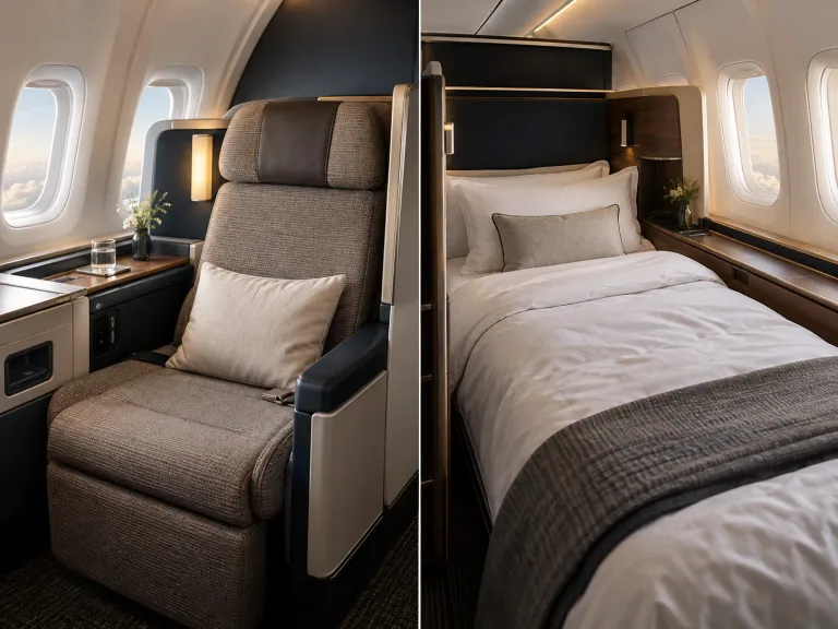 Editorial comparison of a business-class seat and a first-class bed