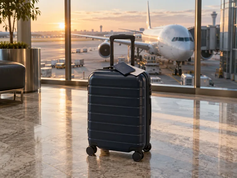 Navy carry-on and passport wallet beside an airport window at sunrise