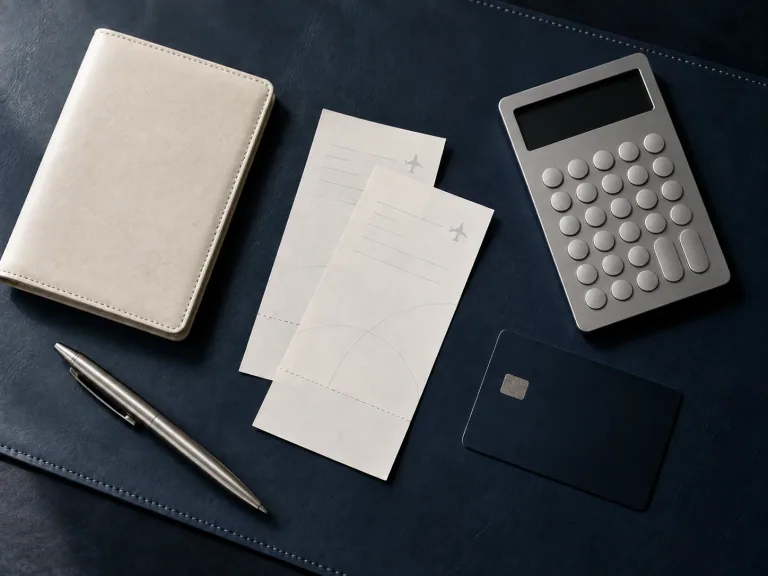Calculator, travel wallet and expense papers arranged on a dark blue desk