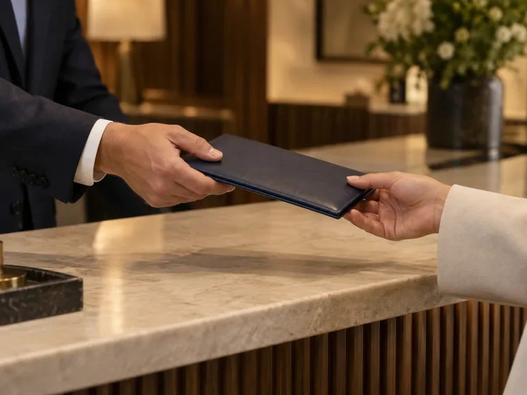 Travel advisor handing a navy travel wallet across a concierge desk