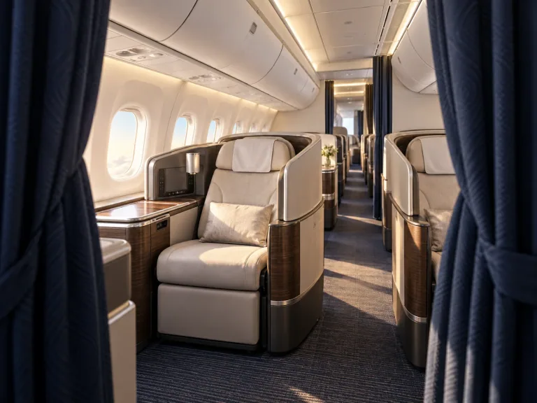 Open aircraft curtain revealing a premium business-class cabin