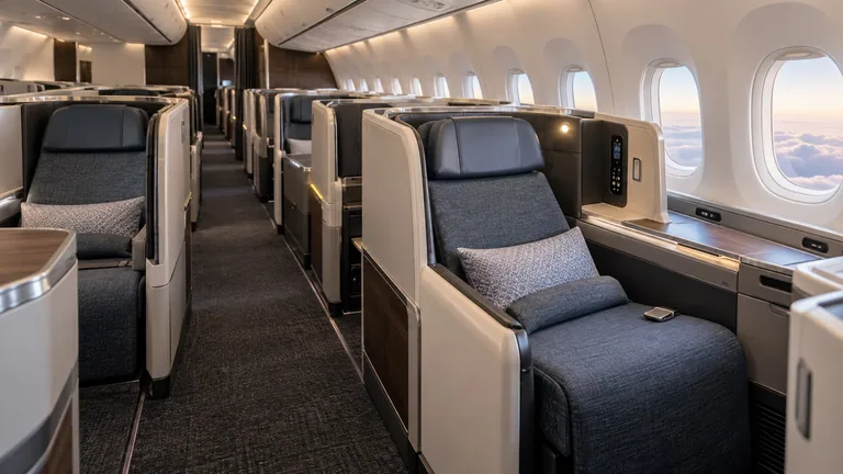 Bright daylight business-class cabin with navy seats and a cloud deck through the windows