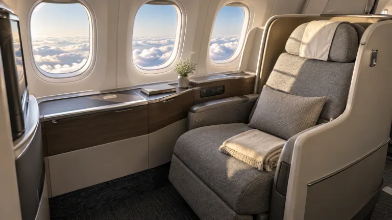 Illustrative business-class window suite in soft daylight